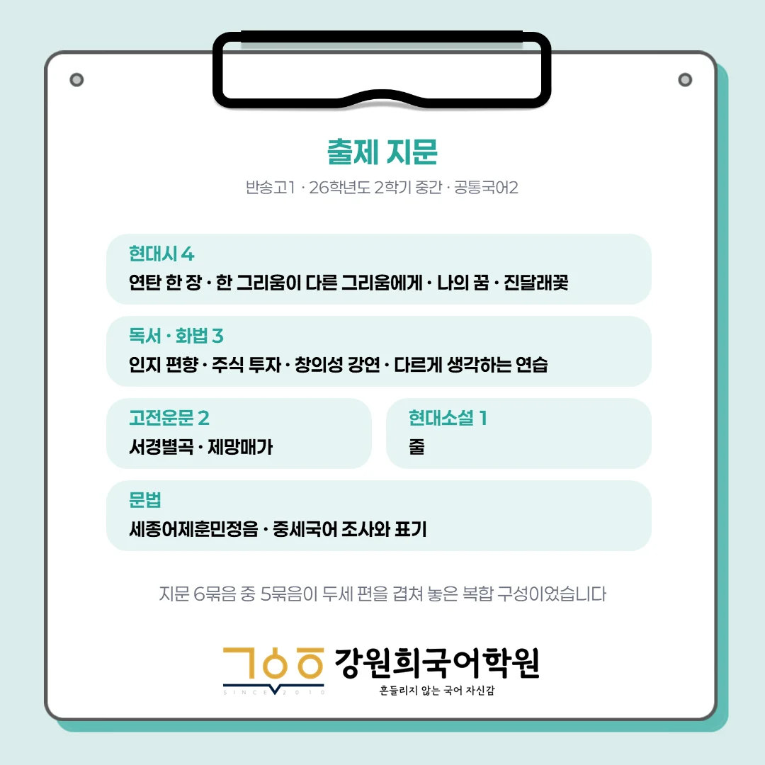 [동탄 반송고 1학년] 2026학년 2학기 1차 중간고사 시험 출제 경향 분석!!!