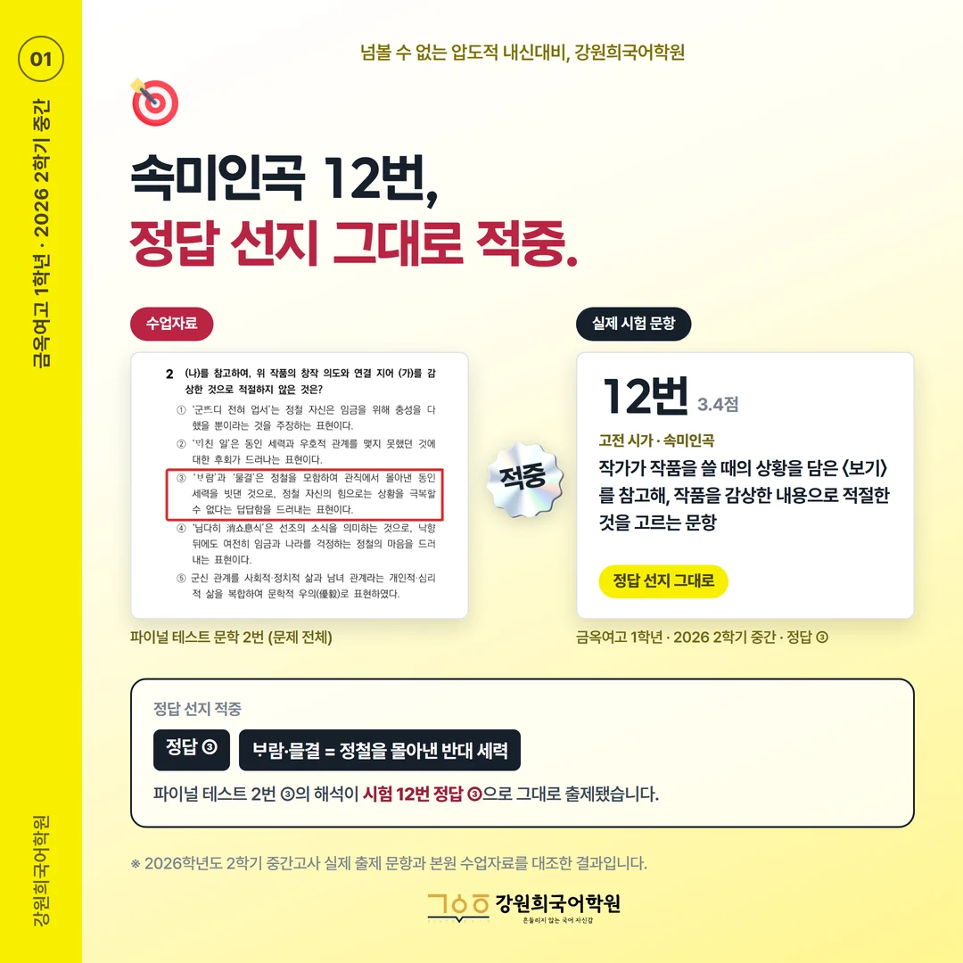[금옥여고 1학년] 강원희국어학원 2026학년도 2학기 중간고사 공통국어2 시험 분석