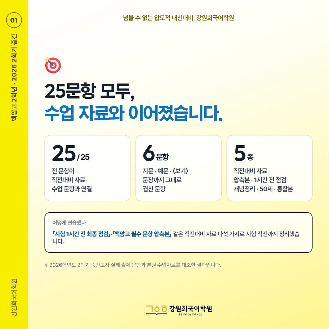 [백암고 2학년] 강원희국어학원 2026학년도 2학기 중간고사 화법과 언어 시험 분석