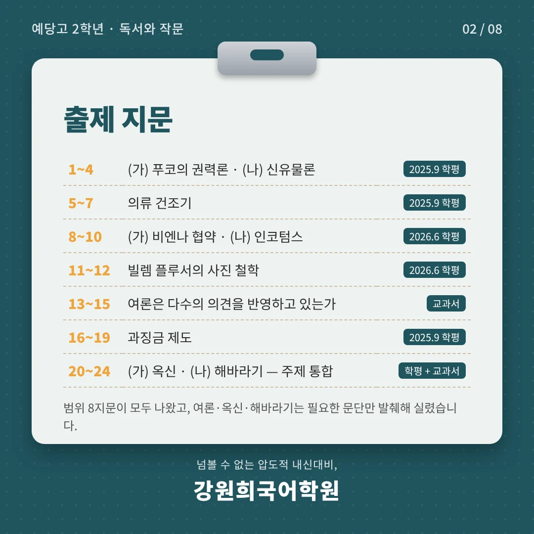 [동탄 예당고 2학년] 2026년 2학기 1차 지필평가 국어 출제 경향 완벽 분석!