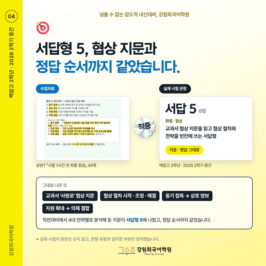 [백암고 2학년] 강원희국어학원 2026학년도 2학기 중간고사 화법과 언어 시험 분석