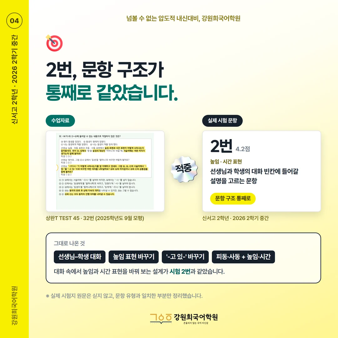[신서고 2학년] 강원희국어학원 2026학년도 2학기 중간고사 화법과 언어 시험 분석