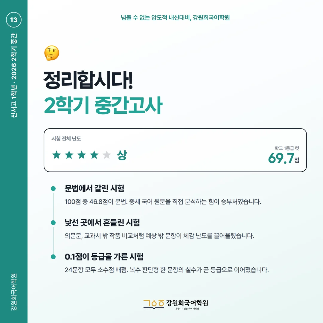 [신서고 1학년] 강원희국어학원 2026학년도 2학기 중간고사 공통국어2 시험 분석