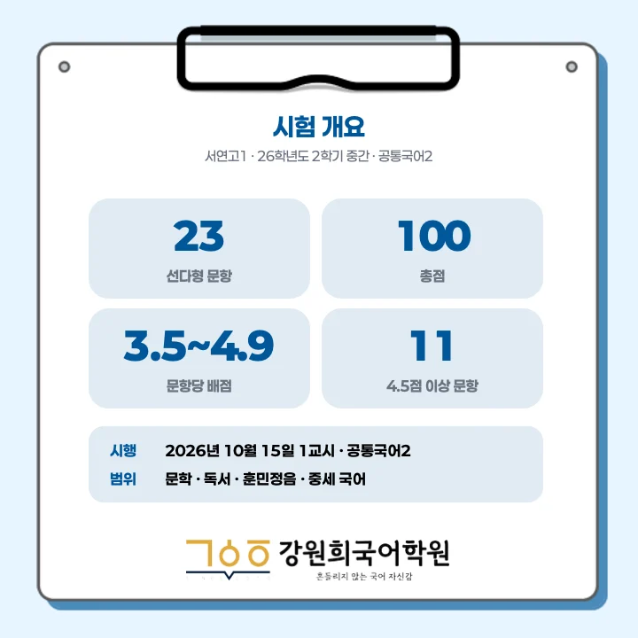 [동탄서연고 1학년] 2026년 2학기 1차 지필 평가 국어 출제 경향분석