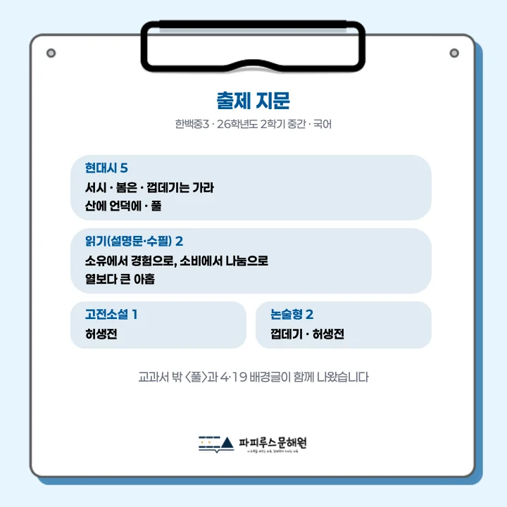[동탄한백중 3학년] 2026학년 2학기 1차 지필 고사 출제 경향 분석!!!